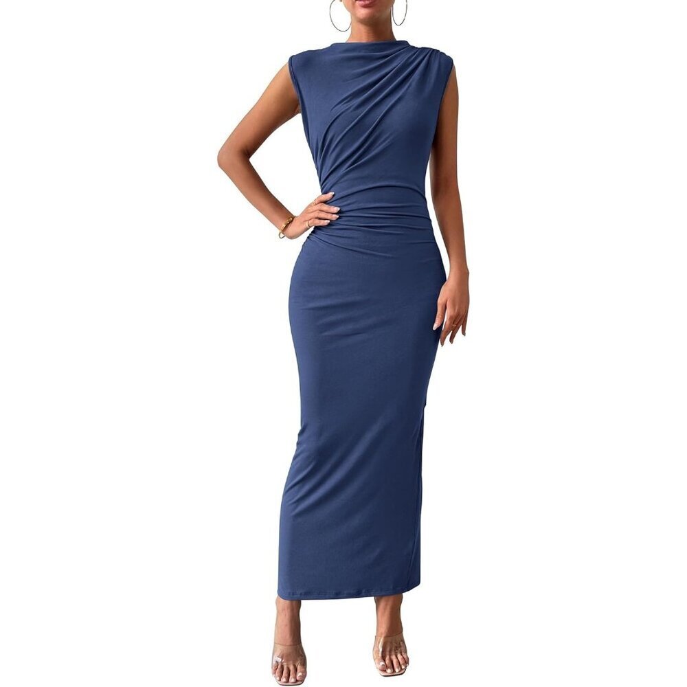 Women's Dark Grey Blue Ruched Bodycon Summer Casual Sleeveless Slit Elegant Maxi